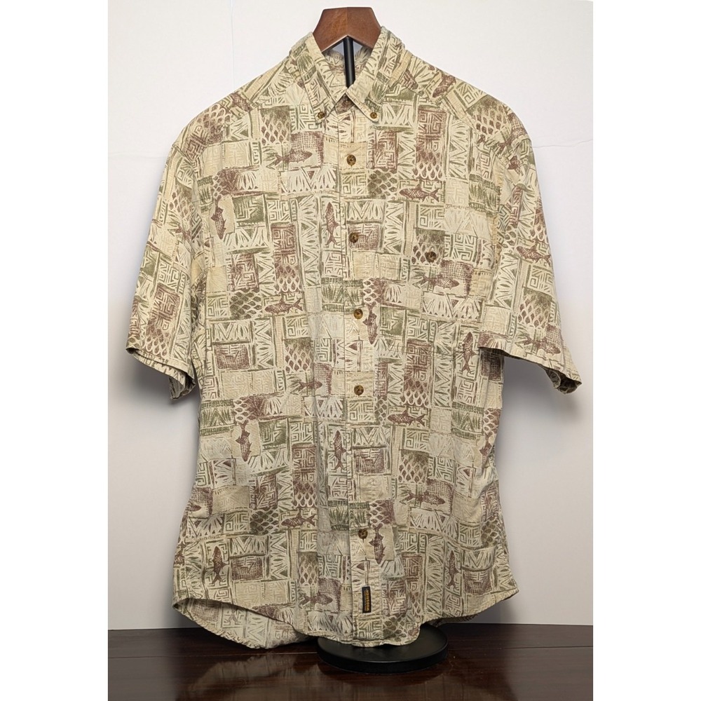 Fishing Print Shirt Woolrich Mens Button Down Beige Outdoor Casual Camp Shirt